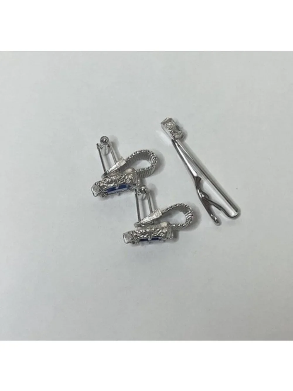 Vintage Mesh Cufflinks/Tie Clip Set Blue Rhinestone Silver Tone Retro MCM Dapper